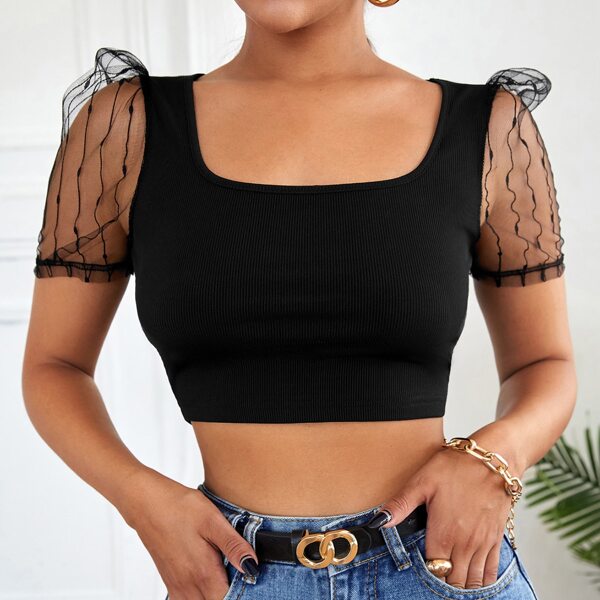 

Contrast Mesh Crop Top, Black