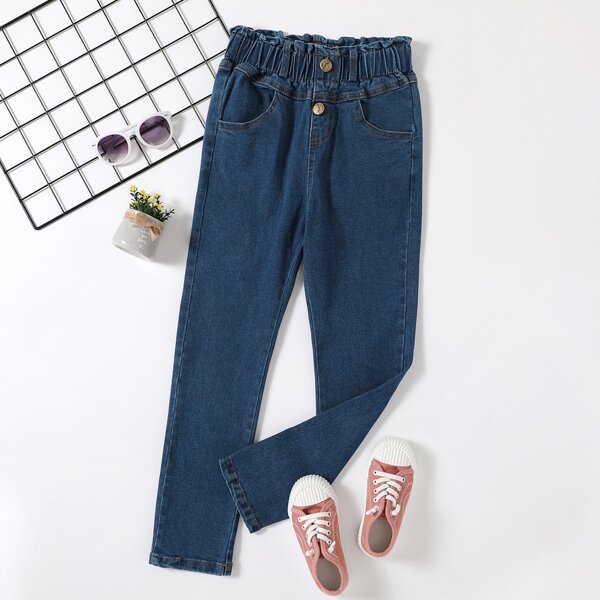 

Girls Frill Waist Tapered Jeans, Dark wash