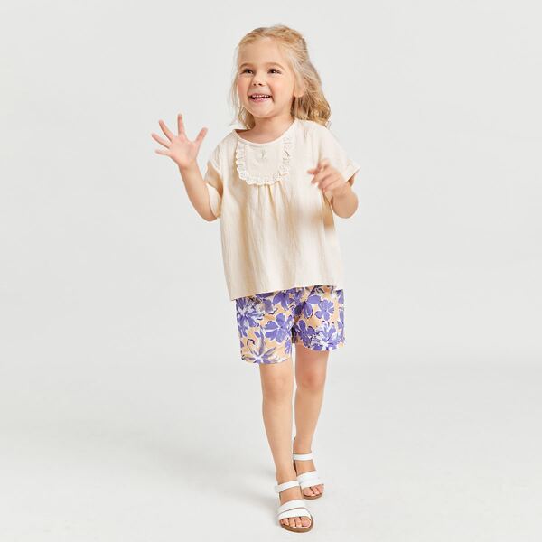 

Toddler Girls Eyelet Embroidered Frill Trim Top, Beige