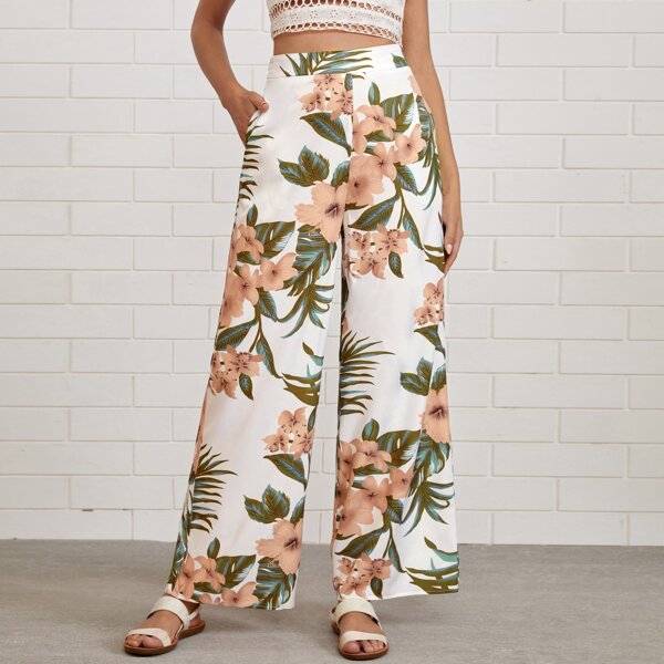 

Tropical Print Wide Leg Pants, Multicolor