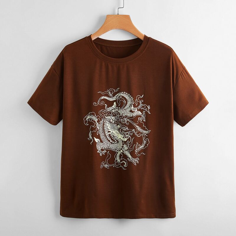 

Chinese Dragon Graphic Oversized Tee, Coffee brown