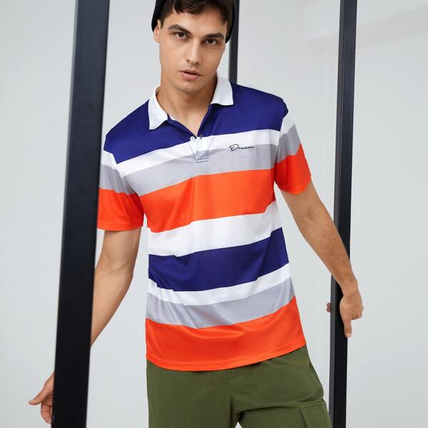 

Men Letter Embroidery Colorblock Polo Shirt, Multicolor