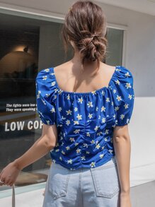 DAZY Camisa sweetheart con fruncido delantero con estampado floral - Azul - Ver 2