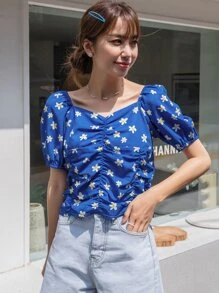 DAZY Camisa sweetheart con fruncido delantero con estampado floral - Azul - Ver 7