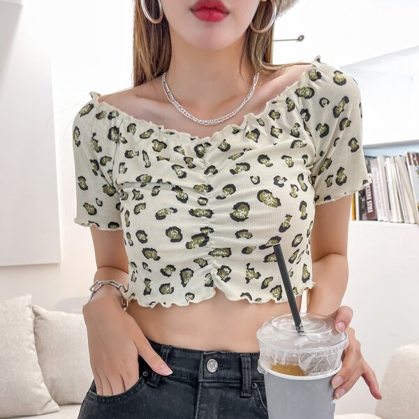 

Lettuce Trim Allover Print Rib-knit Crop Tee, Multicolor