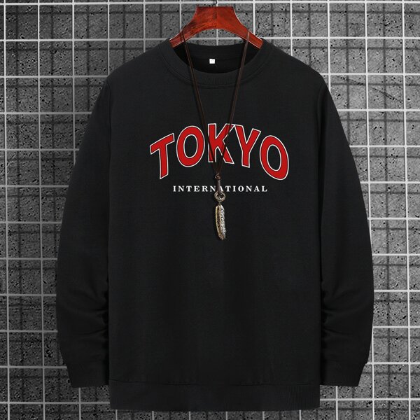 

Men Slogan Print Round Neck Sweatshirt, Black