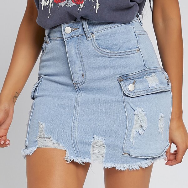 

Distressed Frayed High-Rise Cargo Denim Mini Skirt, Light wash