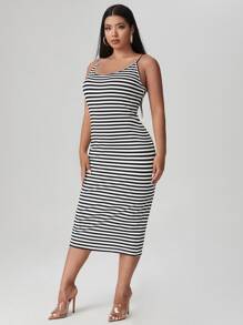 SHEIN Essnce Plus Striped Print Cami Bodycon Dress - Black and White - View 1