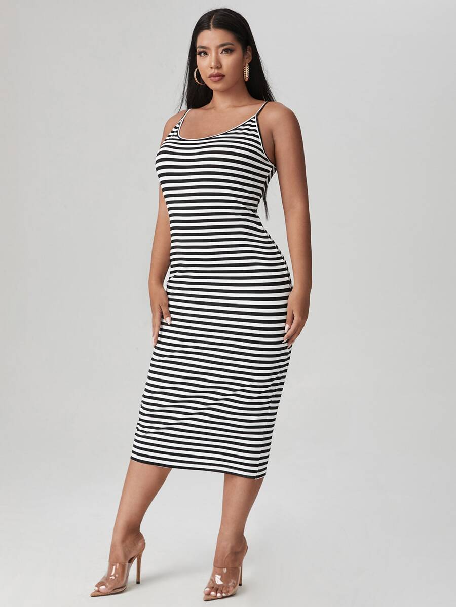 SHEIN Essnce Plus Striped Print Cami Bodycon Dress - Black and White - View 1