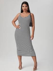 SHEIN Essnce Plus Striped Print Cami Bodycon Dress - Black and White - View 3