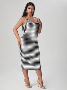 SHEIN Essnce Plus Striped Print Cami Bodycon Dress - Black and White - View 4
