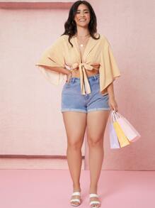 Dreamara 大碼條紋荷葉邊袖蕾絲上衣 - 黃色 - 查看 1