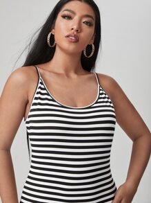 SHEIN Essnce Plus Striped Print Cami Bodycon Dress - Black and White - View 5