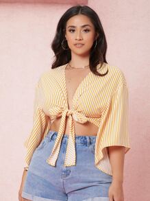 Dreamara 大碼條紋荷葉邊袖蕾絲上衣 - 黃色 - 查看 3