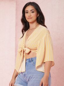 Dreamara 大碼條紋荷葉邊袖蕾絲上衣 - 黃色 - 查看 4