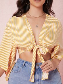 Dreamara 大碼條紋荷葉邊袖蕾絲上衣 - 黃色 - 查看 5