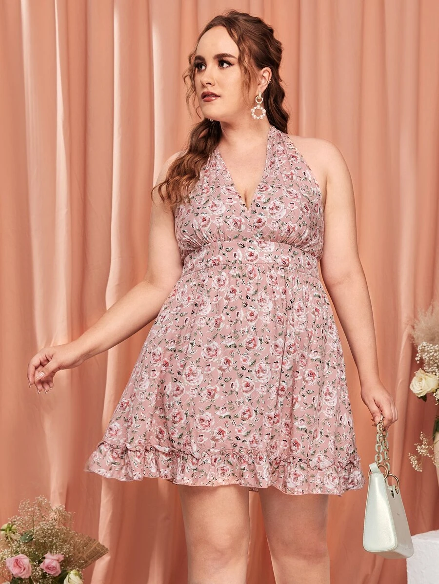 SHEIN Vestido halter bajo con fruncido con estampado floral - Rosa vieja - Ver 1