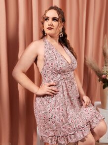 SHEIN Vestido halter bajo con fruncido con estampado floral - Rosa vieja - Ver 3