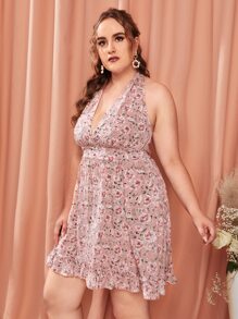 SHEIN Vestido halter bajo con fruncido con estampado floral - Rosa vieja - Ver 4