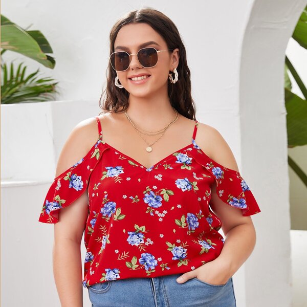 

Plus Cold Shoulder Floral Print Top, Red