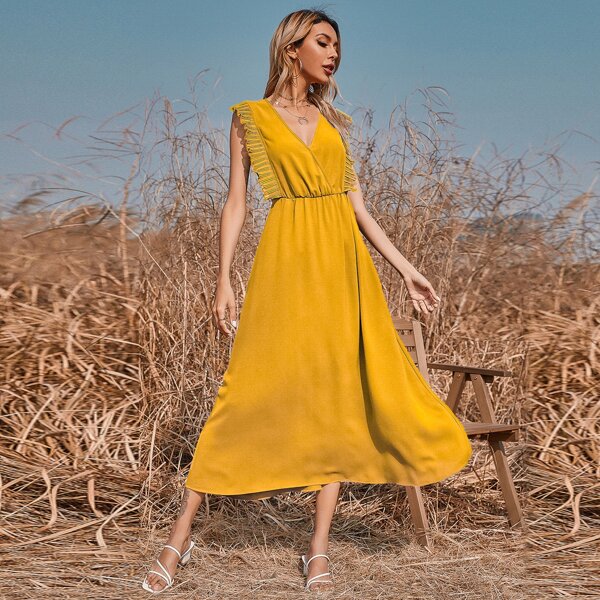 

Solid Pleated Ruffle Trim Dress, Yellow