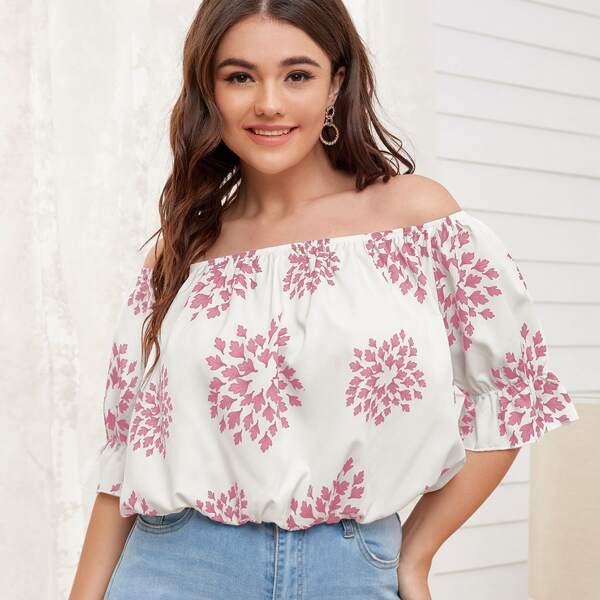 

Plus Allover Floral Bardot Blouse, White