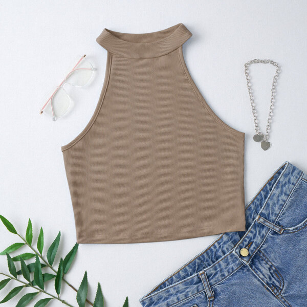

Solid Ribbed Halter Top, Khaki