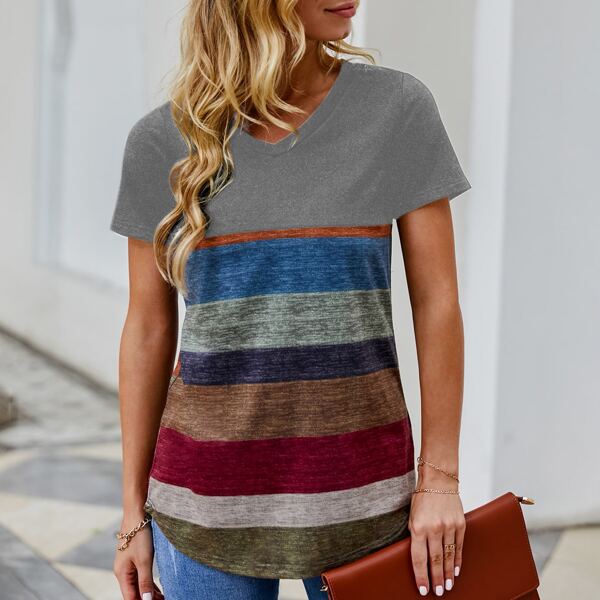 

Striped V-neck Curved Hem Tee, Multicolor