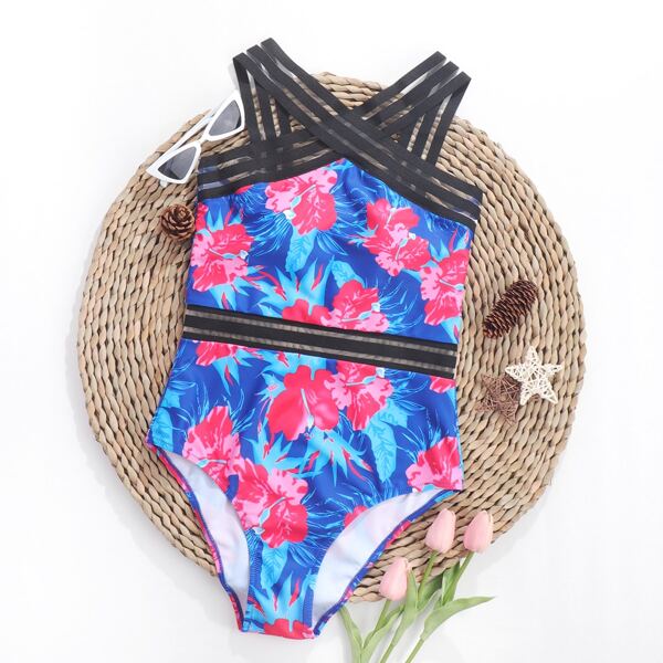 

Floral Contrast Mesh One Piece Swimsuit, Multicolor