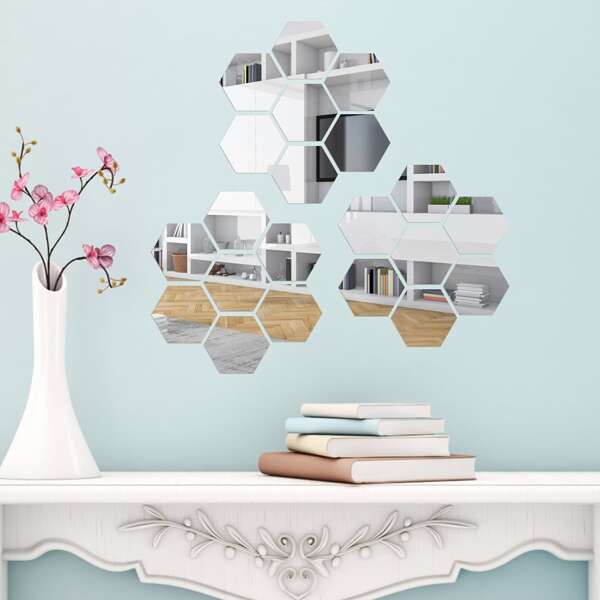 

32pcs Hexagon Mirror Surface Wall Sticker, Silver