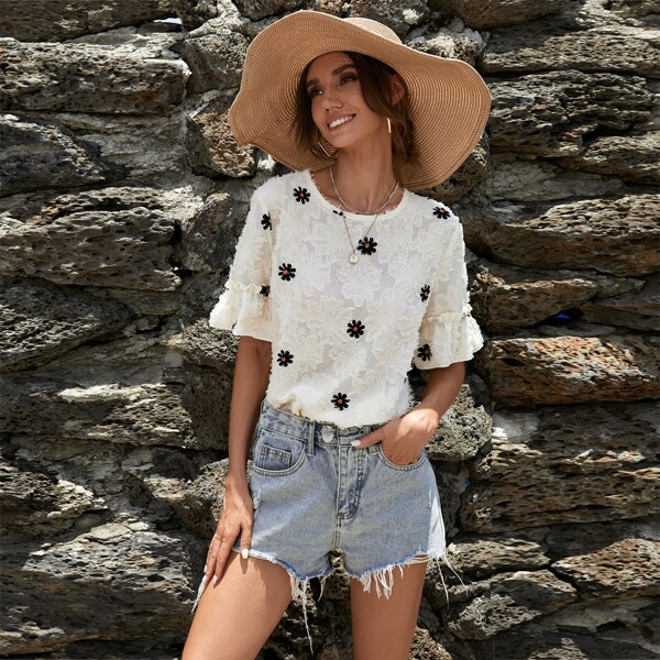 

Floral Frill Trim Flounce Sleeve Blouse, Beige