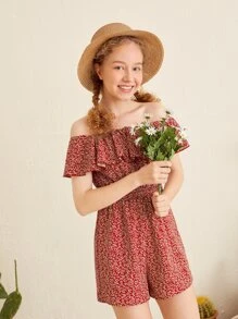 SHEIN Teen Girls Floral Off Shoulder Shirred Waist Rompers - Redwood - View 1