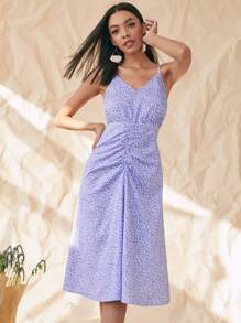 SHEIN Unity 滿版圖案抽褶細節吊帶連衣裙 - 紫丁香色 - 查看 1