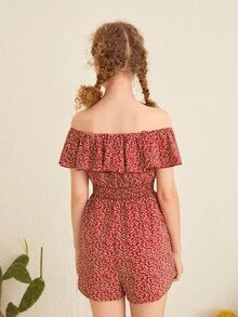 SHEIN Teen Girls Floral Off Shoulder Shirred Waist Rompers - Redwood - View 2