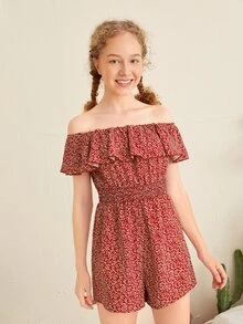 SHEIN Teen Girls Floral Off Shoulder Shirred Waist Rompers - Redwood - View 3