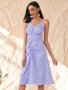 SHEIN Unity 滿版圖案抽褶細節吊帶連衣裙 - 紫丁香色 - 查看 4