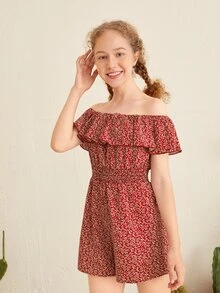 SHEIN Teen Girls Floral Off Shoulder Shirred Waist Rompers - Redwood - View 5