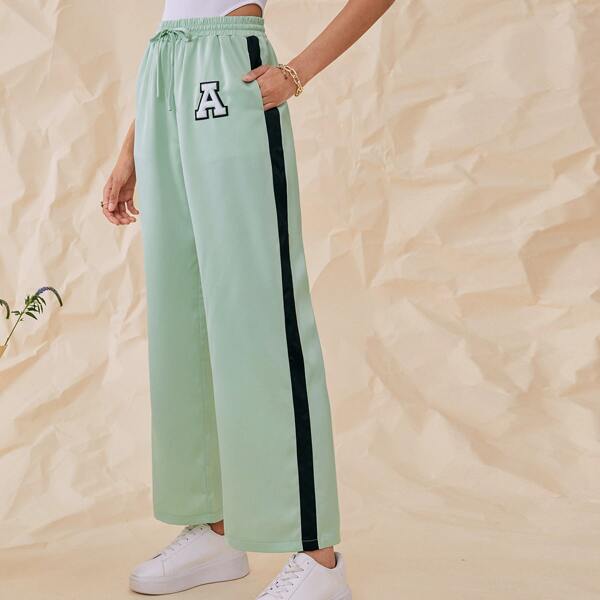 

Contrast Sideseam Letter Embroidered Pants, Mint green