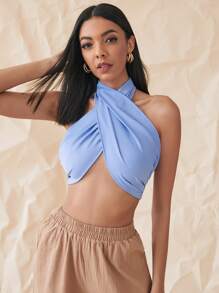 SHEIN Unity Fringe Trim Detail Halter Top - Blue - View 1