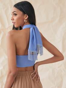 SHEIN Unity Fringe Trim Detail Halter Top - Blue - View 2