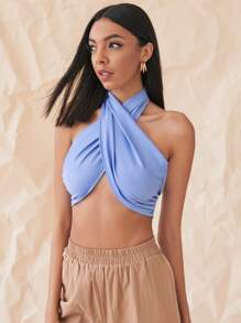 SHEIN Unity Fringe Trim Detail Halter Top - Blue - View 4