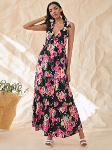 Knot Straps Floral Print Layered Hem Cami Dress - Multicolor - View 1