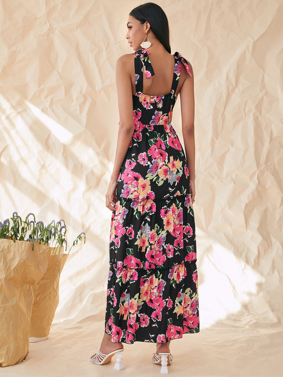 Knot Straps Floral Print Layered Hem Cami Dress