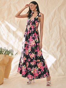 Knot Straps Floral Print Layered Hem Cami Dress - Multicolor - View 3