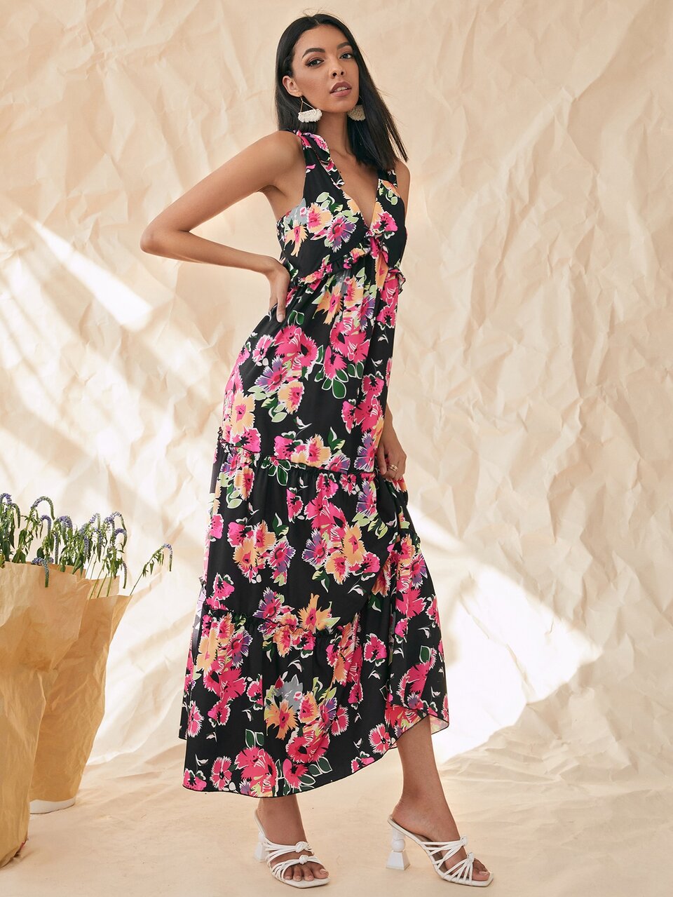 Knot Straps Floral Print Layered Hem Cami Dress