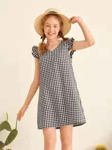 SHEIN Teen Girls Ruffle Trim Gingham Print Tunic Dress - Black and White - View 1