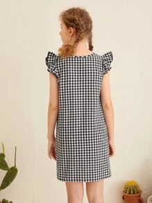 SHEIN Teen Girls Ruffle Trim Gingham Print Tunic Dress - Black and White - View 2