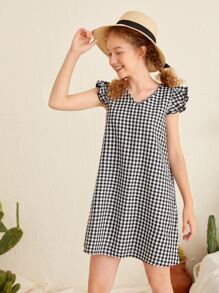 SHEIN Teen Girls Ruffle Trim Gingham Print Tunic Dress - Black and White - View 5