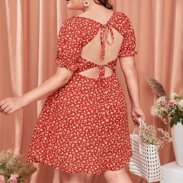 

Plus Ditsy Floral Puff Sleeve Tied Backless Dress, Multicolor