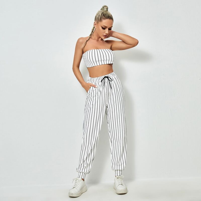 

Striped Tube Top & Sports Pants Set, White